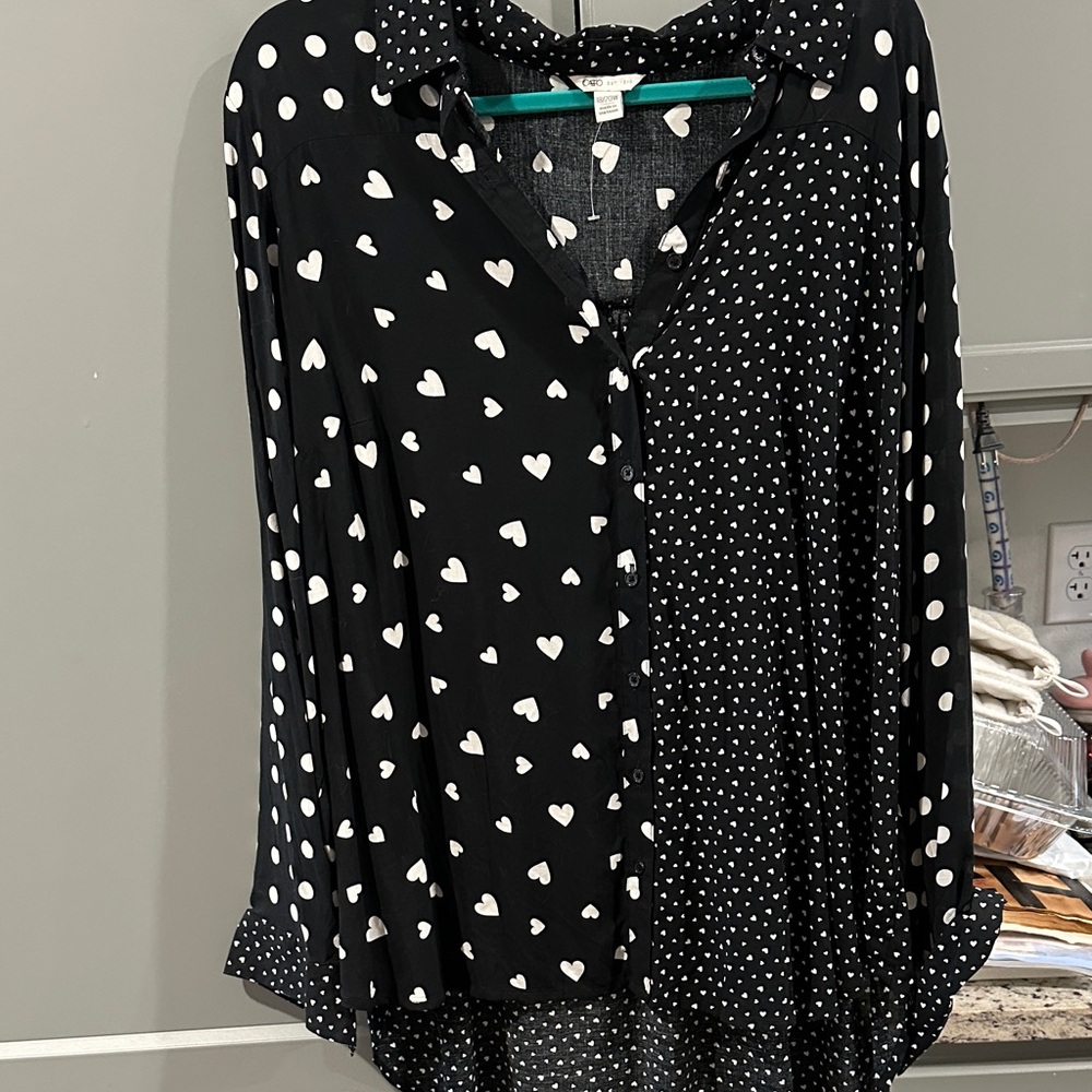 Cato Black and White Heart Print Button Down Shirt